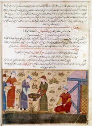 Darstellung von Dschingis Khan (1162-1227) beim Schließen von Allianzen. Persische Miniatur aus „Jami al-Tawarikh“ (Jami al tawarikh) oder „Universalgeschichte“ von Historiker Rashid al-Din (al din) (1247-1318) um 1430. Paris, B.N.