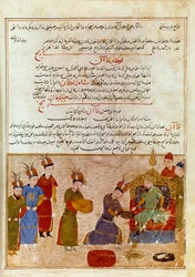 Darstellung von Ogodei Khan (1186-1241), Sohn von Dschingis Khan. Persische Miniatur aus „Jami al-tawarikh“ oder „Universalgeschichte“ von Historiker Rashid al-Din (1247-1318) um 1430. Paris, B.N.