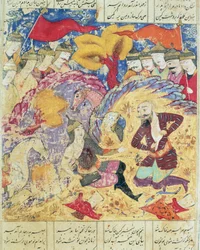 Rostam trauert um den Tod von Sohrab, Illustration aus dem Shahnama (Buch der Könige) von Abul-Qasim Manur Firdawsi