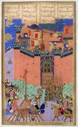 Rustam leitet die Belagerung von Gang Bihisht, Illustration aus dem Shahnama (Buch der Könige)