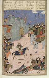Rustam zieht den Khaqan von seinem Elefanten, Illustration aus dem Shahnama (Buch der Könige) von Abul-Qasim Manur Firdawsi (ca. 934-ca. 1020) ca. 1440-45