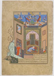 Der Gnostiker hat eine Vision von Engeln, die Tabletts aus Licht zum Dichter Sadi tragen, Folio aus einem Haft Awrang (Sieben Throne) von Jami (gest. 1492), wahrscheinlich Mashad, Khurasan, Iran, Safawiden-Dynastie, 1556-1565