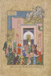 Yusuf predigt den Mägden von Zulaykha in ihrem Garten, Folio aus einem Haft Awrang (Sieben Throne) von Jami (gest. 1492), wahrscheinlich Mashad, Khurasan, Iran, Safawiden-Dynastie, 1556-1565