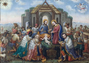 Die Geburt Christi mit der Anbetung der Heiligen Drei Könige und Hirten, eine andine Landschaft im Hintergrund
