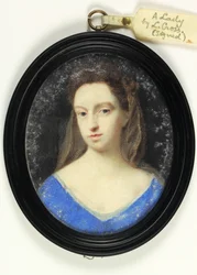 Eine Dame im blauen Mieder mit brauner Haube (Aquarell auf Pergament)
