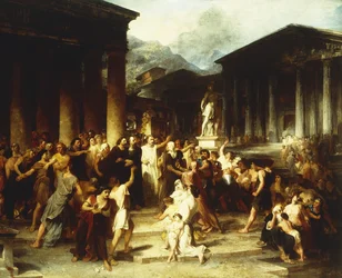 Eine Versammlung vor dem Tempel