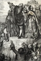 Feier des ersten Nationalen Föderationsfestes am 14. Juli 1790 am Altar des Vaterlandes auf dem Champ de Mars anlässlich des ersten Jahrestages der Erstürmung der Bastille: König Ludwig XVI., umgeben von seiner Familie, leistet einen Eid auf die Verfassung