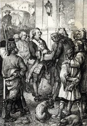Französische Revolution: König Ludwig XVI. erhält vom Pariser Bürgermeister Jean-Sylvain Bailly die Trikolore-Kokarde