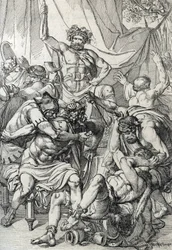 Heptarchie: Darstellung des angelsächsischen Anführers Hengist (5. Jahrhundert), der seine Feinde erschlägt, um um 461 das Königreich Kent zu gründen (Sächsische Heptarchie: Der angelsächsische Anführer Hengist (oder Hengest) erschlägt seine Feinde