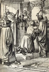 König Heinrich II. von England (1133-1189), der in die Ermordung Thomas Beckets verwickelt ist, tut am Grab des Erzbischofs Buße