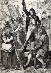 Ausbruch der Französischen Revolution 1789: Die versammelte Bevölkerung wird aufgefordert, die Farbe einer Kokarde zu wählen und zu den Waffen zu greifen, historisch, von Anton Ziegler