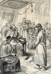 Querelle der Investituren, Buße von Canossa: In Canossa bittet Kaiser Heinrich IV. des Heiligen Römischen Reiches (1050-1106) in Büßergewand um Vergebung von Papst Gregor VII. (Hildebrand: 1015/20-1085) im Januar 1077