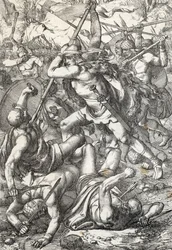 Darstellung von Pelagius dem Eroberer (Pelayo) (gestorben 737), König von Asturien, triumphierend gegen die Sarazenen, 719, Covadonga, Spanien