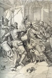 Streltsy-Aufstand: Verhaftung von Mitgliedern der Streltsy-Regimenter nach ihrem Aufstand 1698 gegen die progressiven Innovationen von Zar Peter dem Großen, Russland