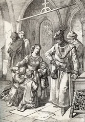 Die Ermordung der Edeldame Inês de Castro (1320-1355), der zweiten Gemahlin Peters I. (Pedro I.) von Portugal, im Kloster Santa Clara in Coimbra, Portugal, 1355