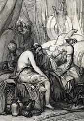 Der Tod des Hunnenkönigs Attila (395-453) im Schlaf während seiner Hochzeitsnacht mit der Germanin Ildico, 453 (Tod Attilas, des Herrschers der Hunnen, in seiner Hochzeitsnacht, seine Braut Ildico weint über seinem Leichnam, 453). Federzeichnung nach
