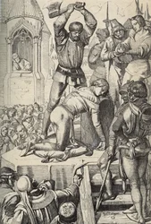 Die Hinrichtung Konradins (oder Konrads von Hohenstaufen), König von Sizilien und Herzog von Schwaben (1252-1268), auf Befehl Karls von Anjou nach der Schlacht bei Tagliacozzo im Jahr 1268 (Hinrichtung Konradins, oder Konrads des Jüngeren, des letzten