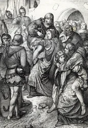 Die treuen Weiber von Weinsberg: Die Frauen der Soldaten, die 1140 bei der Belagerung von Weinsberg durch Konrad III. von Hohenstaufen besiegt wurden, tragen ihre Ehemänner auf dem Rücken, Deutschland (Die treuen Ehefrauen während der Belagerung von