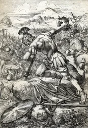 Der Suizid des römischen Feldherrn Varus (Publius Quinctilius Varus) (46 v. Chr.-9 n. Chr.) mit seinem Schwert in der Schlacht im Teutoburger Wald (Teutoburger Wald oder Teutberg), in der sich 9 n. Chr. Römer und Germanen gegenüberstanden (Suizid des