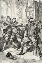 Achtzigjähriger Krieg (1568-1648): „Die Ermordung Wilhelms von Oranien, genannt Wilhelm der Schweiger (1533-1584), am 10/07/1584 durch Balthasar Gérard während des Achtzigjährigen Krieges (oder 80 Jahre) (Aufstand der Geusen oder Niederländischer