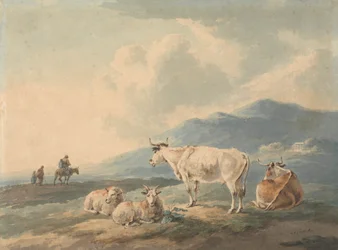 Berglandschaft: mit Kühen und Ziegen im Vordergrund und Figuren links