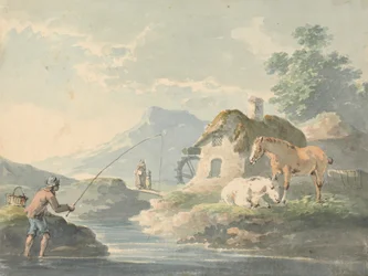 Ländliche Szene: Mann angelt, links; Hütte mit Wassermühle und Pferden rechts
