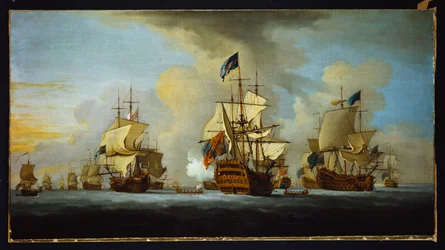 Die englische Flotte vor Anker mit dem Admiralsschiff, das den Vize- und Hinteradmiralen der weißen und blauen Geschwader signalisiert