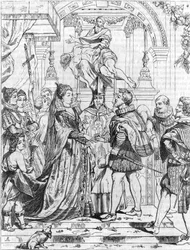 Heirat per Stellvertreter von Marie de Medici (1576-1642) mit Heinrich IV. in Florenz, 5. Oktober 1600. Gravur von Peter Paul Rubens (1577-1640).