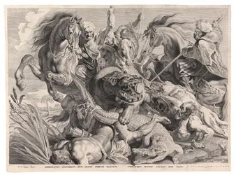 Die Jagd auf das Nilpferd und das Krokodil (Gravur)
