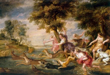 Diana und Nymphen jagen Damwild