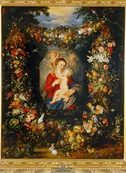 Maria Jungfrau und Kind mit Blumen- und Früchtekranz