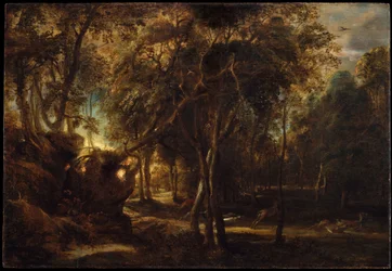 Ein Wald bei Morgengrauen mit einer Hirschjagd