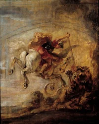 Bellerophon steigt auf Pegasus empor und durchbohrt die Chimäre mit seinem Speer