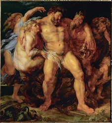 Herkules, betrunken, geführt von einer Nymphe und einem Satyr, um 1612-14