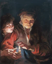 Alte Frau und Junge mit Kerzen