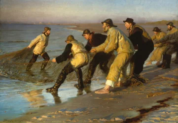 Fischer ziehen am Strand von Skagen Netze