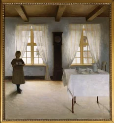 Ein Interieur mit einem jungen Mädchen, das Tee serviert