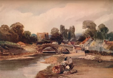 Ein Dorf an einem Fluss, mit Brücke und Ruinen