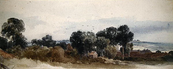 Bewaldete Landschaft mit Hütten