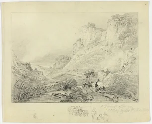 Figuren und Pferdekarren in Landschaft mit Klippen