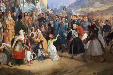 Der Einzug von König Othon I. von Griechenland in Athen, begrüßt von der Menge vor dem Tempel des Hephaistos (Hephaisteion) oder Theseion auf der Agora