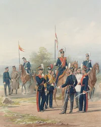 Eine Gruppe von Offizieren und Soldaten der Leibgarde-Lanzenregimenter Seiner und Ihrer Majestät
