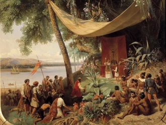Die erste Messe in Amerika (15. Jahrhundert). Messe auf Kuba im Jahr 1494 während der zweiten Reise von Kolumbus nach Havanna. Detail. Gemälde von Pharamond Blanchard (1805-1873)