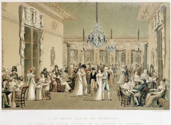 Der Grand Salon des Café Frascati in Paris. Lithographie von Philibert-Louis Debucourt (1755-1832)