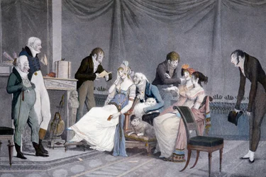 Die Besuche, von Louis-Philibert Debucourt, Aquatinta, Szene mit etruskisch inspirierten Directoire-Möbeln, Frankreich