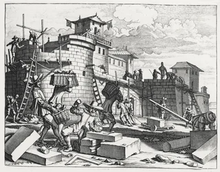 Portugiesische Kriegsgefangene bauen ein Fort in der Nähe von Kandy (Gravur)