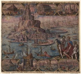 Der Leuchtturm von Alexandria aus der Serie Die acht Weltwunder nach Maarten van Heemskerck, 1572