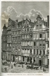 Alte Häuser auf dem Rathausplatz in Brüssel. Gravur von Ph. Benoist, zur Illustration der Geschichte Belgiens von Camille Lemonnier, veröffentlicht in Le tour du monde, unter der Leitung von Edouard Charton (1807-1890), Paris