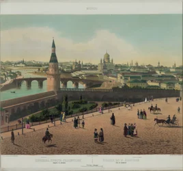 Ansicht der Kathedrale Christi des Erlösers und des Moskauer Kremls aus einer Panoramasicht auf Moskau in 10 Teilen, ca. 1848