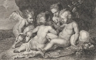 Eine Gruppe von drei Kindern und ein Putto mit Früchten und einem Lamm
